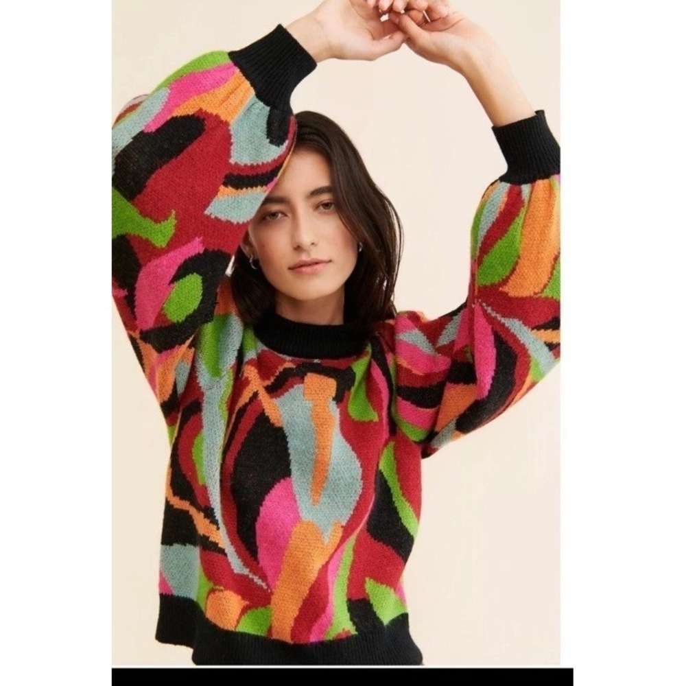 Farm Rio The Dance Multicolor Knit Sweater Sz Small Bold Colors Balloon Sleeves
